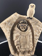Collectible Inuit inspired Carving, Hunter with Polar Owl, Goggles and Moccasins picture