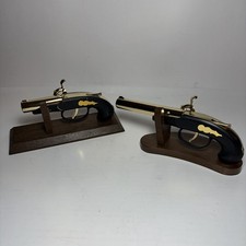 2 Vintage Flintlock Pistol-Shaped Lighters Made in Japan with Wooden Stands picture