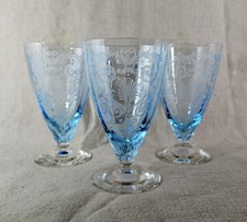 3 Fostoria Azure Blue Versailles Etched 9 oz Footed Iced Tea Depression Glasses picture