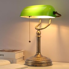 Bankers Desk Lamp, Green Glass Shade, Vintage Desk Lamp with Pull Chain Switch, picture