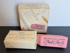 NEW Vtg Avon Scrub-Away Nail Brush & Soap Pink Pearl Eraser Eberhard Faber Box picture