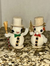 VTG Putz Snowmen Spun Cotton Chenille Glitter Top Hats Christmas Decor Lot of 2 picture