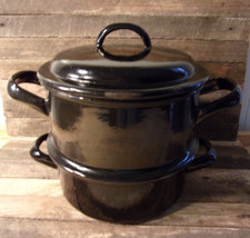 RARE ANTIQUE GEBRUDER BAUMANN LATE 1800's ENAMEL DOUBLE BOILER STOCK POT BLACK picture