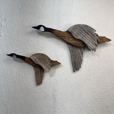 Vintage Reclaimed Rustic Barn Wood Art Flying Canadian Geese Wall Hangings Set 2 picture