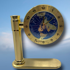 Vintage Benchmark World Time Desk Clock Quartz Brass Tone Map Globe 7” picture