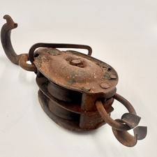 Antique Rusty Cast Iron Double Pulley Block and Tackle with Hook Barn Decor picture