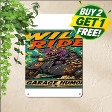 Green Monster Riding Motorcycle Sign Funny Biker Garage Wall Decor Metal Plaque picture