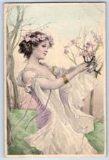 c1910's Pretty Woman With Pink Flowers Treen Scene Munk Antique Postcard picture