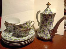 Lefton Porcelain Floral Tea Set Teapot w/ Lid Cup Saucer Plate White Purple 638 picture