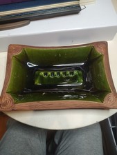 Vintage MCM California Pottery Ashtray 1004 USA Green Faux Wood Grain Ceramic picture