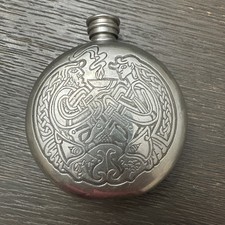 Vintage SCOTTISH PIPER Pewter Celtic Engraved Hip Flask w/ screw top lid picture