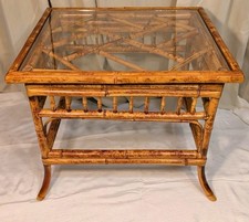 Vtg Mid Century Burnt Bamboo End Table Glass Top Mersman Tiki BOHO Palm Regency  picture