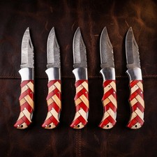 SET OF 5 PCS Hand Forged Damascus Pocket Folding Knife, 6.5 Inch Camping Gear picture