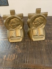 Vintage 1950 Pope Pius XII Holy Year MCML Cast Iron Bookends Pair Gold Finish picture