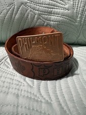 Philmont brass buckle and Philmont leather 38 in belt VG cond Medium picture