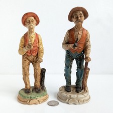 Pair Elderly Pipe Smokers VTG Bisque Porcelain Taiwan 1980s Unbranded Good Cond picture