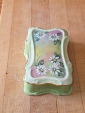 Signed Hand Painted Porcelain Trinket Box White Daisies Green Gold Trim picture