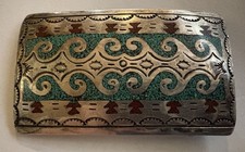 Vintage Signed Zuni Sterling Silver Turquoise Coral Shell  Belt Buckle 27.6 gram picture