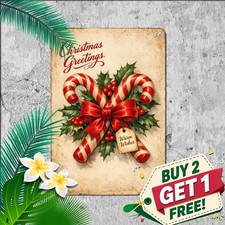 Festive Holiday Candy Cane Seasonal Wreath Sign Rustic Metal Tin Wall Art picture