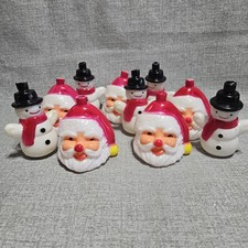 Mini Santa Head & Snowman Light Covers Blow Mold Plastic 10 ct Christmas Vtge picture