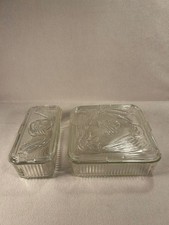 Vintage Federal Glass Refrigerator Dishes With Lids Square/Rectangle Ribbed picture