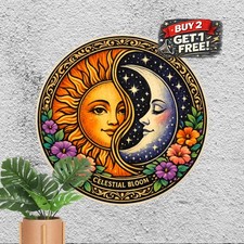 vintage sun moon floral wall art round tin picture