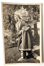 VTG 1920 NATIVE AMERICAN RPPC AGED INDIAN CHIEF  HEADDRESS FULL LENGTH PORTRAIT picture