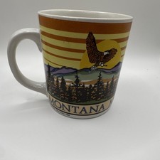 Vintage 1986 Montana Souvenir Coffee Mug Bald Eagle Mountain Sunset Retro Cerami picture
