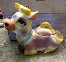 Relco Japan 1950’s Ceramic Cow Sugar Bowl w/ Lid Pink Purple Yellow Blue picture