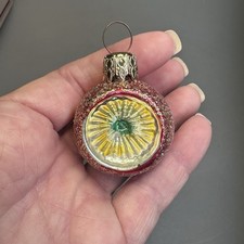 Vtg West Germany Christmas Ornament 2” Red Glass Indent Reflector Mica Glitter picture