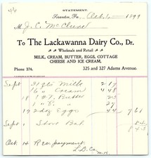Vintage 1899 Lackawanna Dairy Co. Billhead - Scranton, PA picture