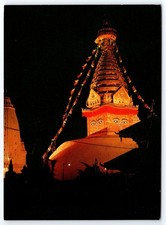 Vintage Swayambhu Stupa Temple Night View Nepal Postcard Royal Nepal Airlines picture