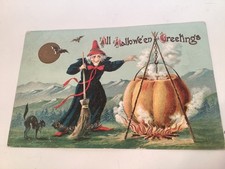 VINTAGE HALLOWEEN POSTCARD GERMANY WITCH JOL CAULDRON EMBOSSED POSTED 1908 antiq picture
