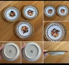Set of 3 Vintage German Reticulated Porcelain Plates 5” Gold Gilt Fruit Motif picture