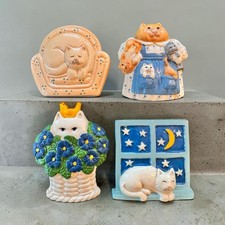 Vintage Clay Art Set of 4 1990 Cat Magnets Whimsical Ceramic Kitty Refrigerator picture