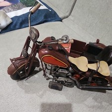 Vintage Style Metal Motorcycle w/ Sidecar Diecast Model, Brown/Red picture