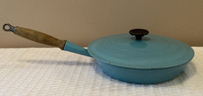 Vintage Le Creuset #28 Teal Cast Iron Pan Skillet Wood Handle Enamel Bottom Lid picture