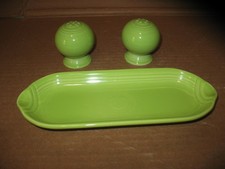 Vtg Orginal Fiesta Ware Chartreuse Salt & Pepper Set & Corn Cob Relish Tray picture