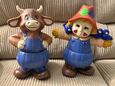 Vintage Country Ceramic Figurine Set – Scarecrow & Cow in Overalls – Farmhouse K picture