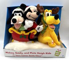 2004 Gemmy Disney Mickey Goofy Pluto Sleigh Ride Animated Christmas NIB picture