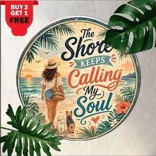 The Beach Is Calling Ocean Wave Round Metal Sign Summer Coast Travel Tin Plaque picture