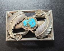 Vintage Navajo Sterling Silver Turquoise Belt Buckle 80 Grams picture