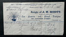 Vintage 1908 Billhead Portland Maine JW Minott Flowers Floral Design Congress St picture