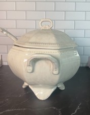 Vintage Peasant Village Italy Soup Tureen w/Lid & Ladle Pearl Luster Pottery PV picture