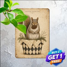 Whimsical Squirrel Harlequin Flower Sign Charming Autumn Metal Tin Wall Plaque picture