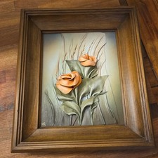 Vintage Artisan Signed Genuine Leather 3D Formed Floral Wall Art, Italy picture
