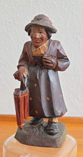 Vtg ANRI Wooden Figurine Italy Woman Umbrella Hand Carved Wood 4.5