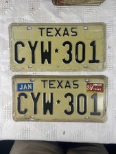 Pair Of Vintage Texas License Plates CYW 301 1975 White w Black Embossed Letters picture