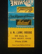 1950s Holcomb's Dishine J. N. Jim Reece Representative Van Wert OH Matchbook picture