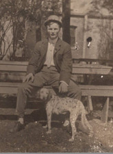 Man Bench Spotted Dog Pet RPPC Real Photo Antique Snapshot Chicago Ilinois 1910 picture